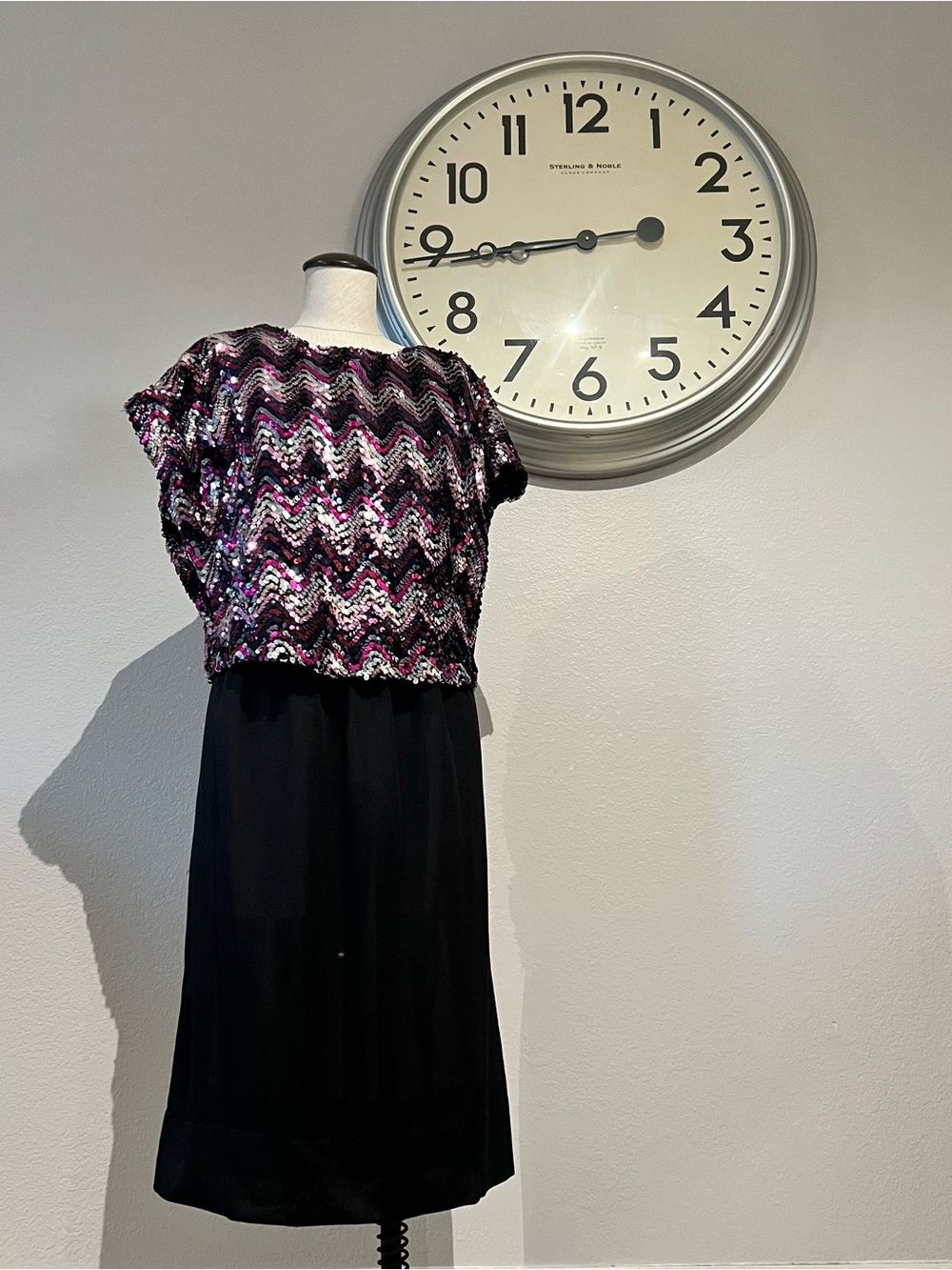 Vintage Black Dress with Pink and Silver Sequin Chevron Bodice